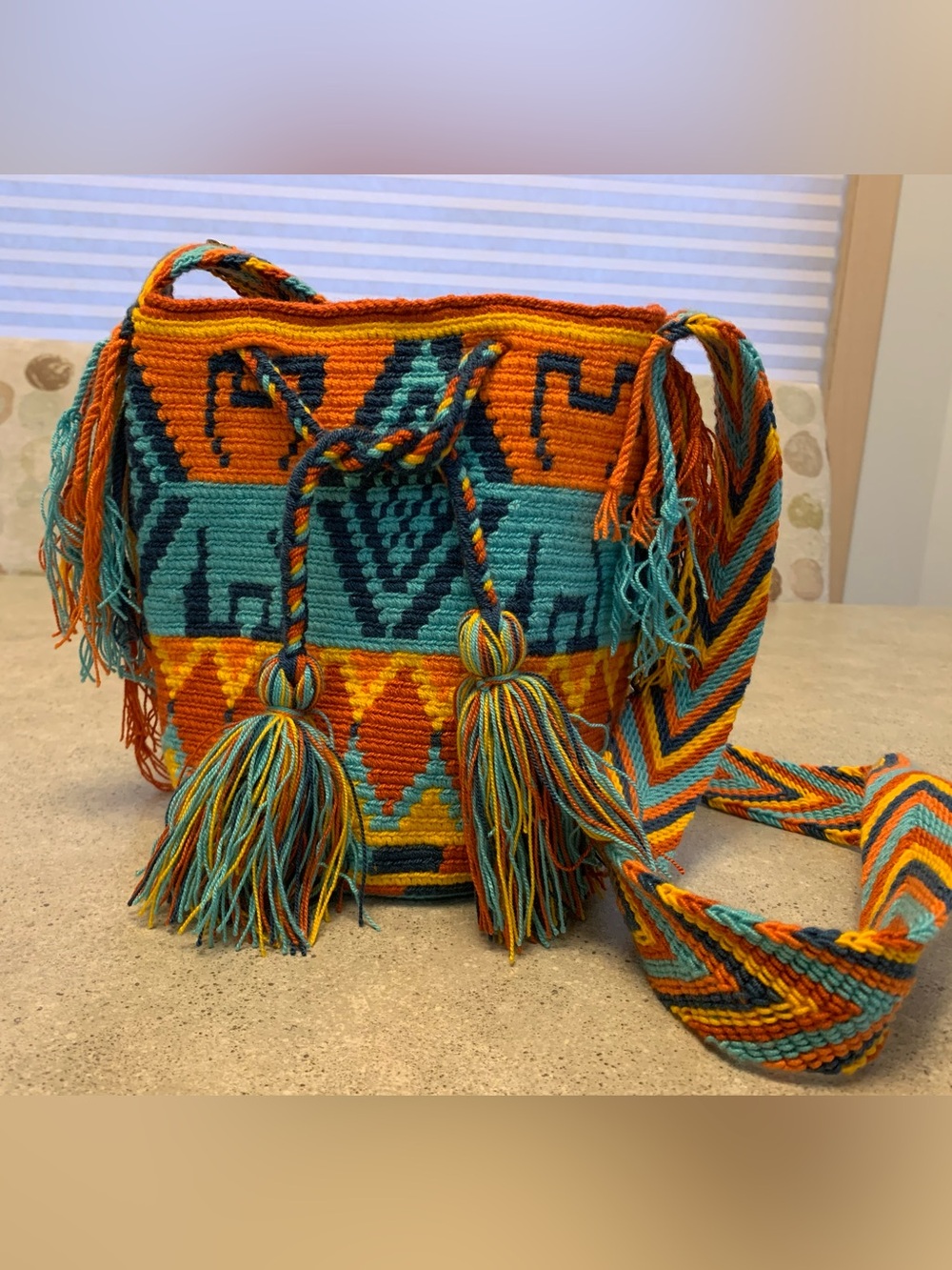 Wayuu Mochila Handmade crocheted woven vibrant bucket bag Like New.